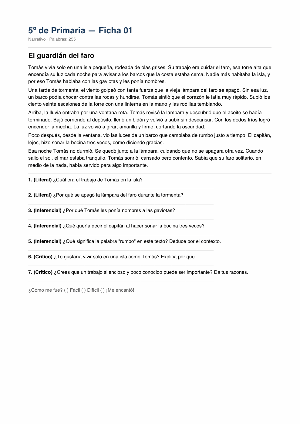 Ficha del pack, 5.º grado