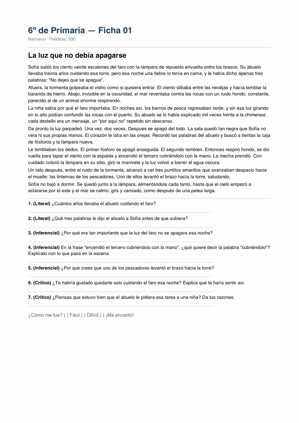 Ficha del pack, 6.º grado