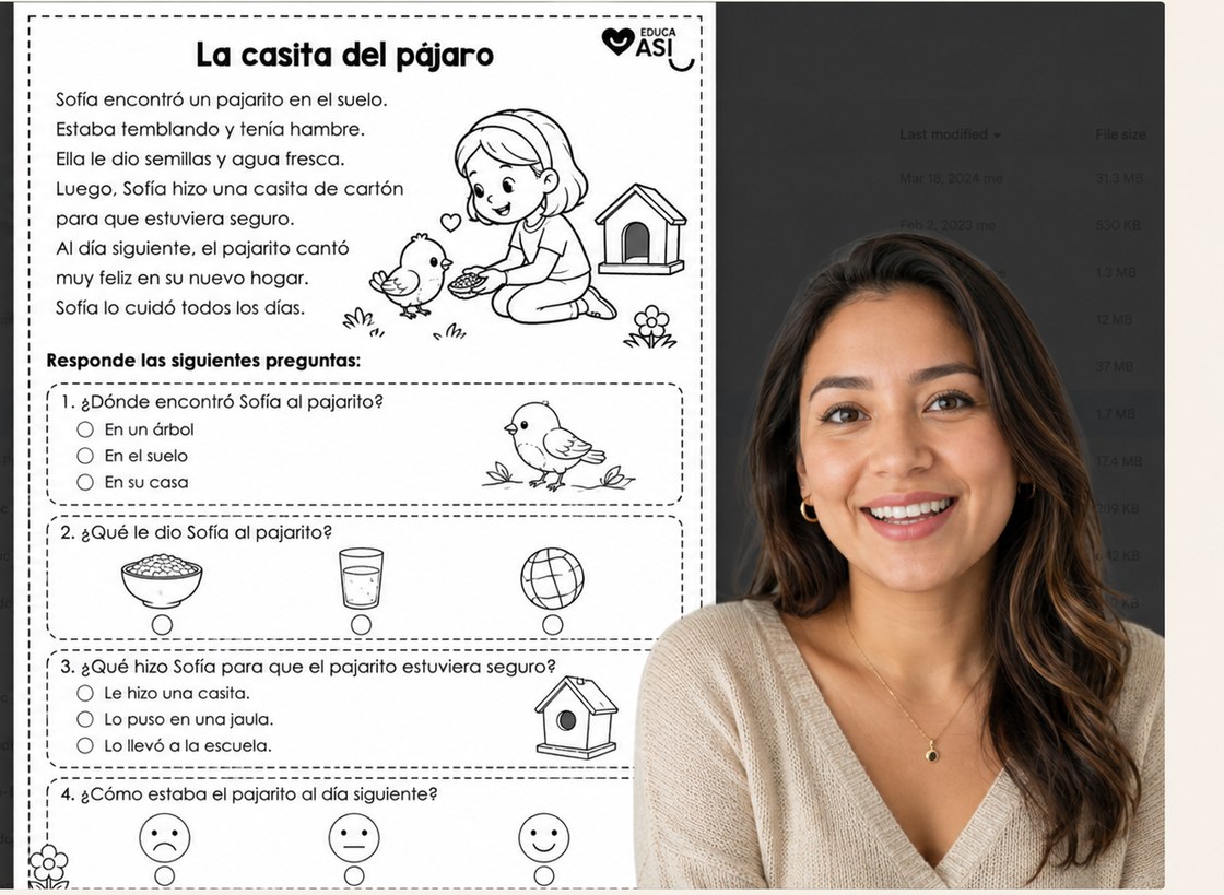 Una ficha real del pack junto a una mamá que acompaña la práctica
