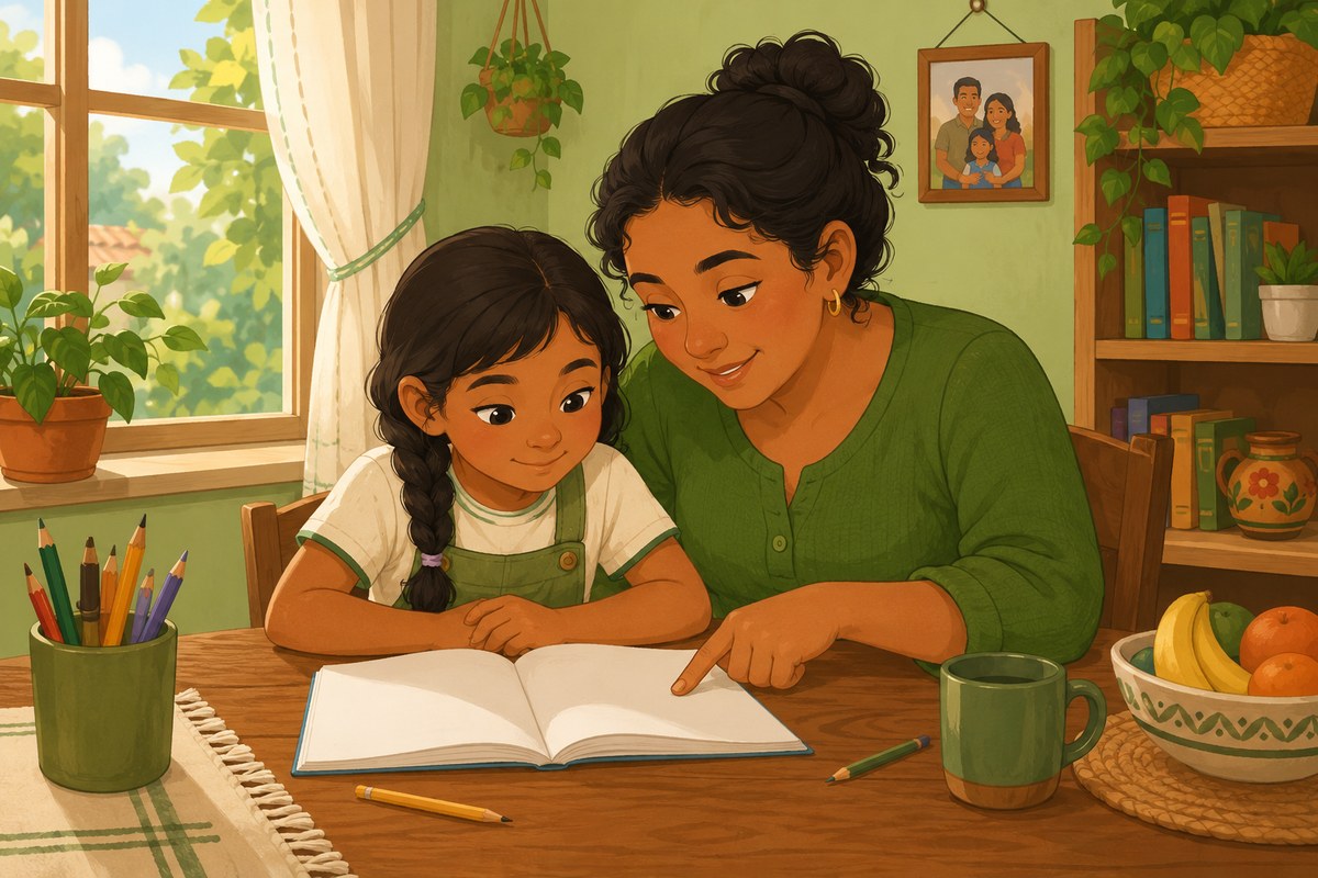 Una mamá lee junto a su hija en la mesa de casa